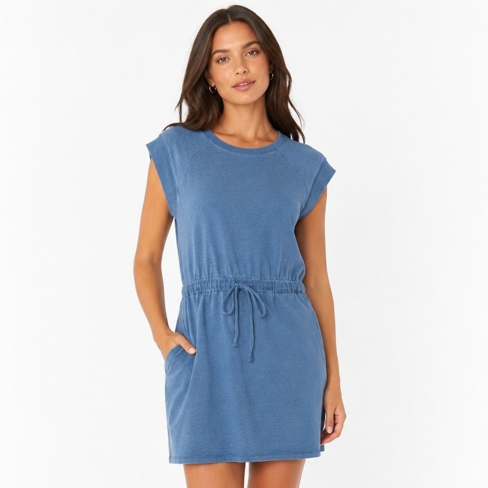 Z Supply Kalani Jersey Denim Dress Blue Sleeveless Mini Drawstring Waist  Size L